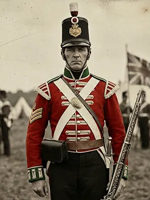 Colorized historical photograph of Sergeant James Bunnell of the 19th Regiment of Foot in a red coat uniform, holding a rifle in front of a military camp