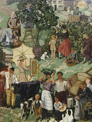 In The Country (c1920s) by Herbert Ashwin Budd Narrative oil painting In The Country by Herbert Ashwin Budd showing a busy scene of rural life with farmers, animals, and children.