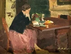 Interior (c1920s) by Herbert Ashwin Budd Oil painting by Herbert Ashwin Budd titled Interior, depicting a woman seated at a table with a chessboard and books.