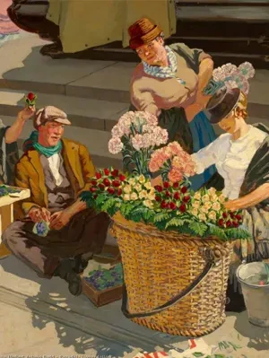 Piccadilly Flower Sellers (1928) by Herbert Ashwin Budd Oil painting of flower sellers in Piccadilly, London, by Herbert Ashwin Budd (1928).