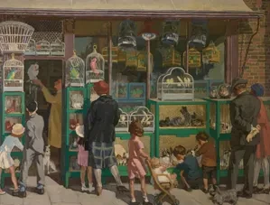 The Bird Shop (1920) by Herbert Ashwin Budd Cityscape oil painting The Bird Shop by Herbert Ashwin Budd (1920) showing a storefront with cages.