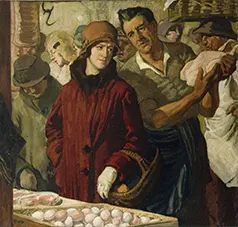 Oil painting titled 'The Choice' by Herbert Ashwin Budd. The scene depicts a woman in a prominent red coat standing in a market or shop, clutching a basket, while a shopkeeper or butcher presents a dressed bird to her. Several other figures in period clothing appear in the background, contributing to the busy, somber atmosphere of the setting.