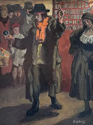 A framed oil painting by Herbert Ashwin Budd depicting a street scene with a central figure in a long coat and orange scarf
