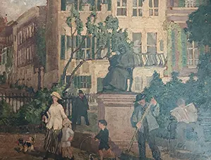 Oil painting titled 'Thomas Carlyle Statue' by Herbert Ashwin Budd. The scene features a public square with a statue of Thomas Carlyle seated on a pedestal as the focal point. The background displays multi-story townhouses with green shutters. In the foreground, a woman walks a small dog, a child plays with a hoop, a groundskeeper works, and a man reads a newspaper on a bench.