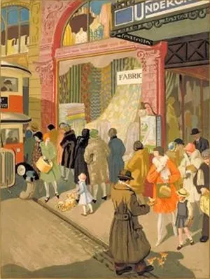 Travel Underground between 10 and 4 (1930) by Herbert Ashwin Budd London Transport poster by Herbert Ashwin Budd featuring a busy street scene outside a fabric shop to promote off-peak travel.