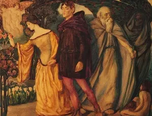 Watercolor painting by Herbert Ashwin Budd titled Figures in a Formal Garden (1902) showing people in an Edwardian garden setting.