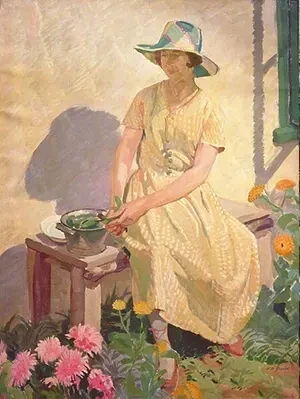 Bright landscape painting titled High Summer by Herbert Ashwin Budd depicting a lush, sun-drenched rural scene.