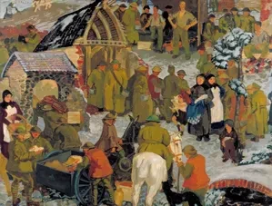 Imperial War Museum painting by Herbert Ashwin Budd showing soldiers in winter billets during World War I.