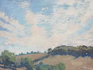 Impressionist landscape oil painting by Herbert Ashwin Budd showing rolling hills under a bright, cloudy sky.