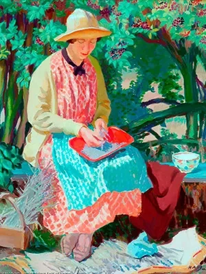 Vibrant oil painting Lavender in Bloom by Herbert Ashwin Budd showing a woman in a sun hat sitting in a garden with lavender.
