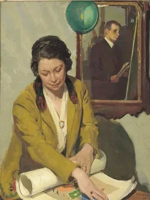 Portrait painting The Artist's Model by H.A. Budd showing his wife Helen Mackenzie with the artist visible in a mirror.