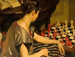 Oil painting titled The Chess Board by Herbert Ashwin Budd (1921) showing two figures engaged in a game of chess.