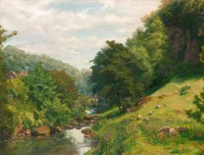 Oil on canvas landscape painting of the River Churnet by Herbert Ashwin Budd (1903).