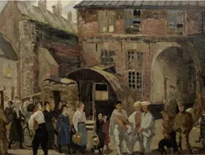 Military art painting titled War Workers Abbeville (1918) by H.A. Budd showing personnel in a French town during WWI.